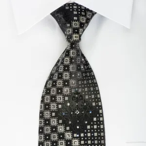 Basic Elle Rhinestone Silk Necktie Silver Geometric On Black With Silver Sparkles