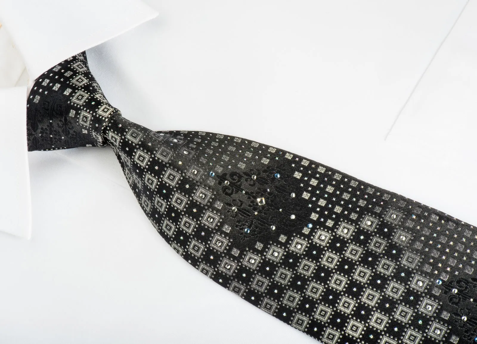 Basic Elle Rhinestone Silk Necktie Silver Geometric On Black With Silver Sparkles