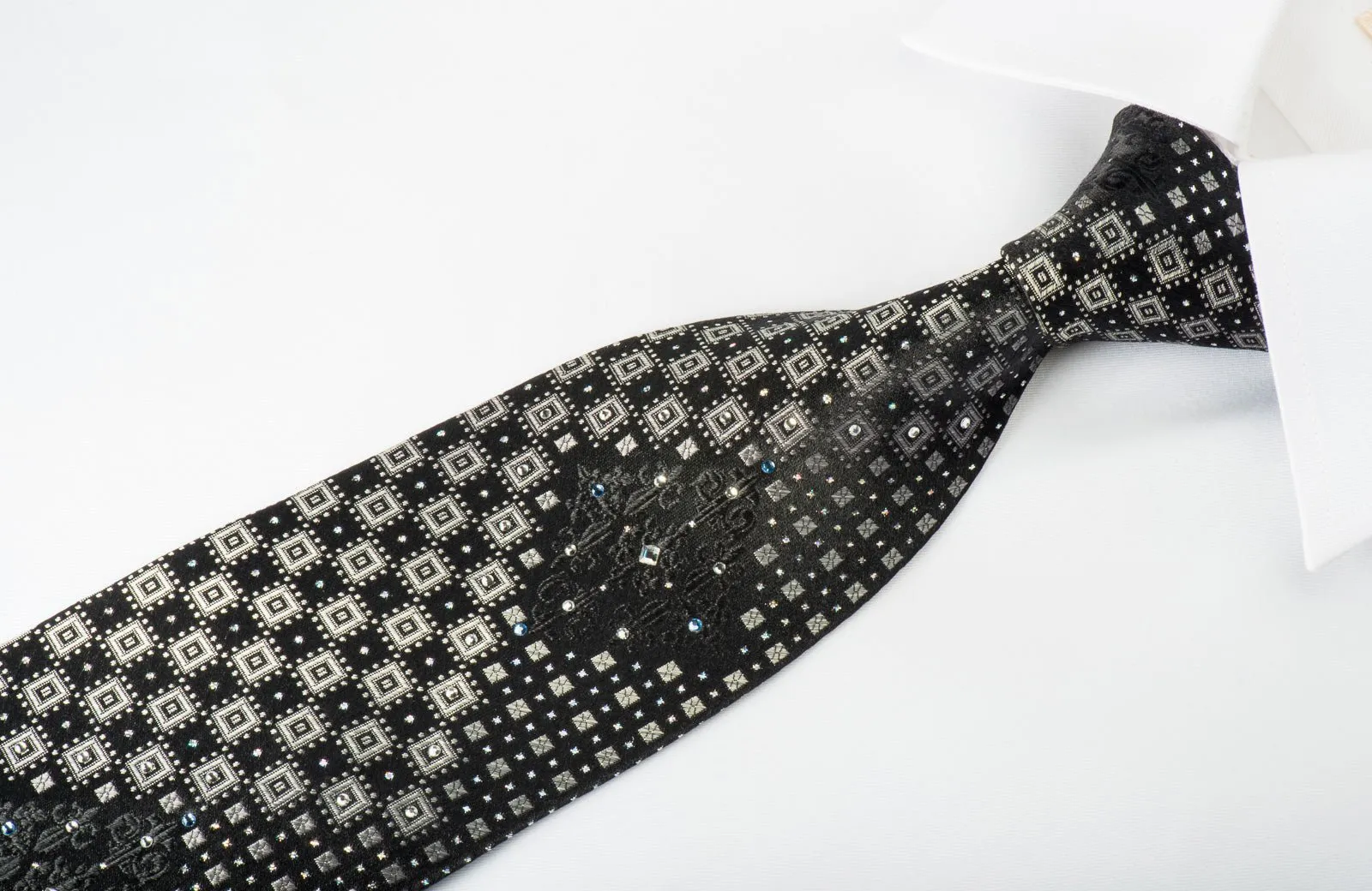 Basic Elle Rhinestone Silk Necktie Silver Geometric On Black With Silver Sparkles