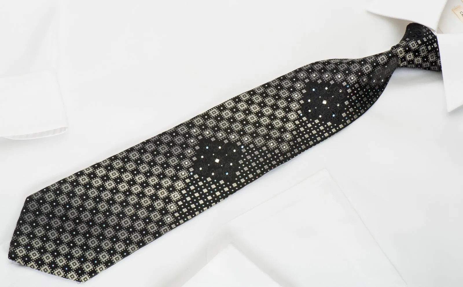 Basic Elle Rhinestone Silk Necktie Silver Geometric On Black With Silver Sparkles