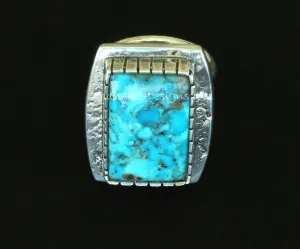 Bonita Blue Turquoise and Textured Sterling Silver Ring with Notched Bezel and 3-Wire Sterling Band