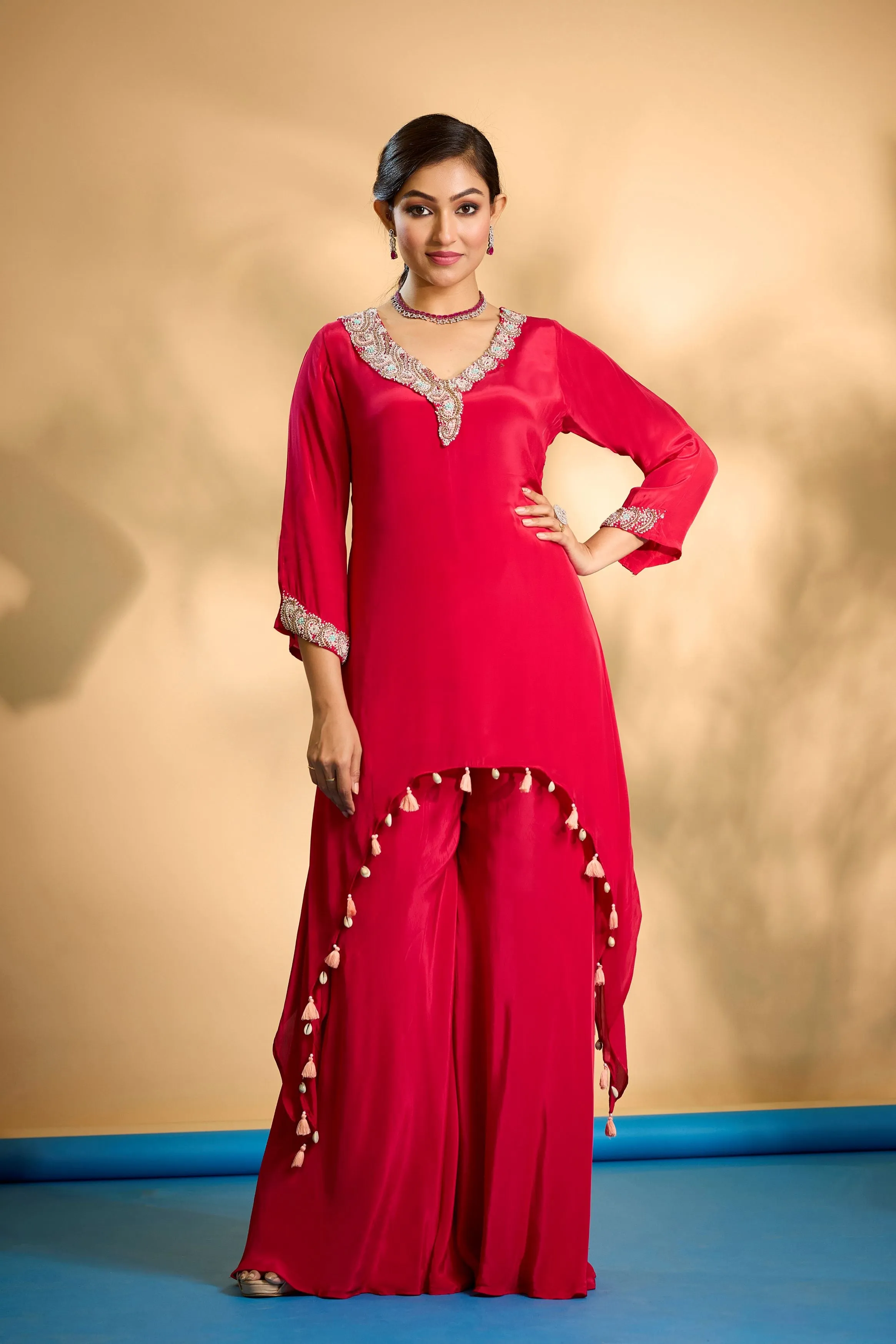 Bright Red Embellished Crepe Silk Kurta Set