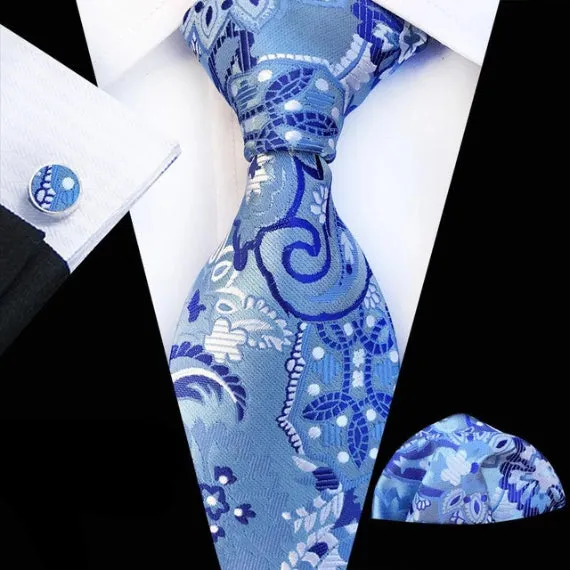 Classy Men Blue Snowy Floral Silk Tie