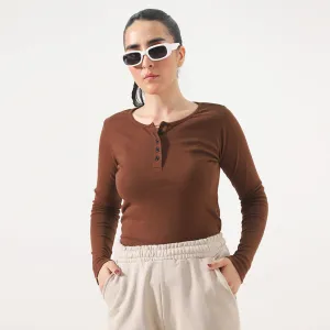 Earthy Brown Long Sleeve Ribbed Henley