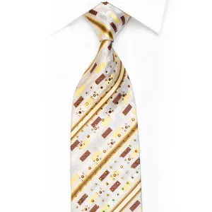 Fasion Top Rhinestone Silk Necktie Yellow Brown Striped On Cream White With Sparkles