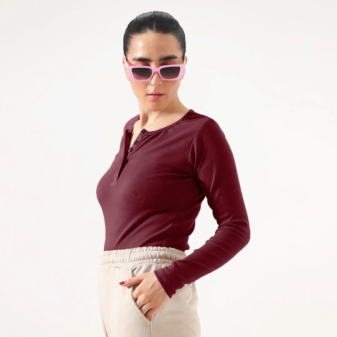 Maroon Ribbed Women's Henley