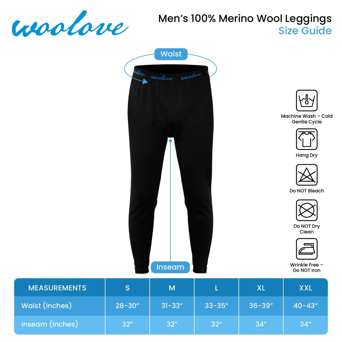 Men's 100% Merino Wool Long Underwear Base Layer Leggings 190 GSM - Midweight