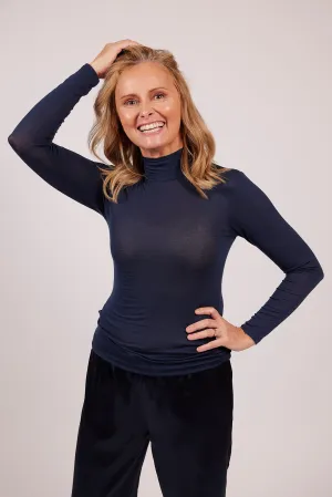 Modal Cashmere Long Sleeve Polo Neck Top Navy