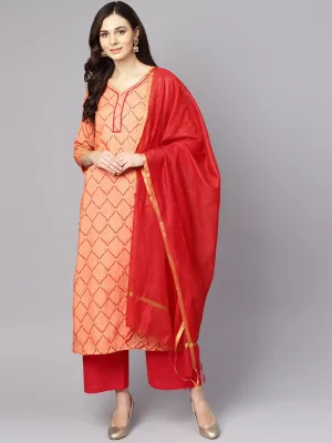 Red 3/4Th Sleeve Rayon Kurta With Maroon Palazzo And Dupatta