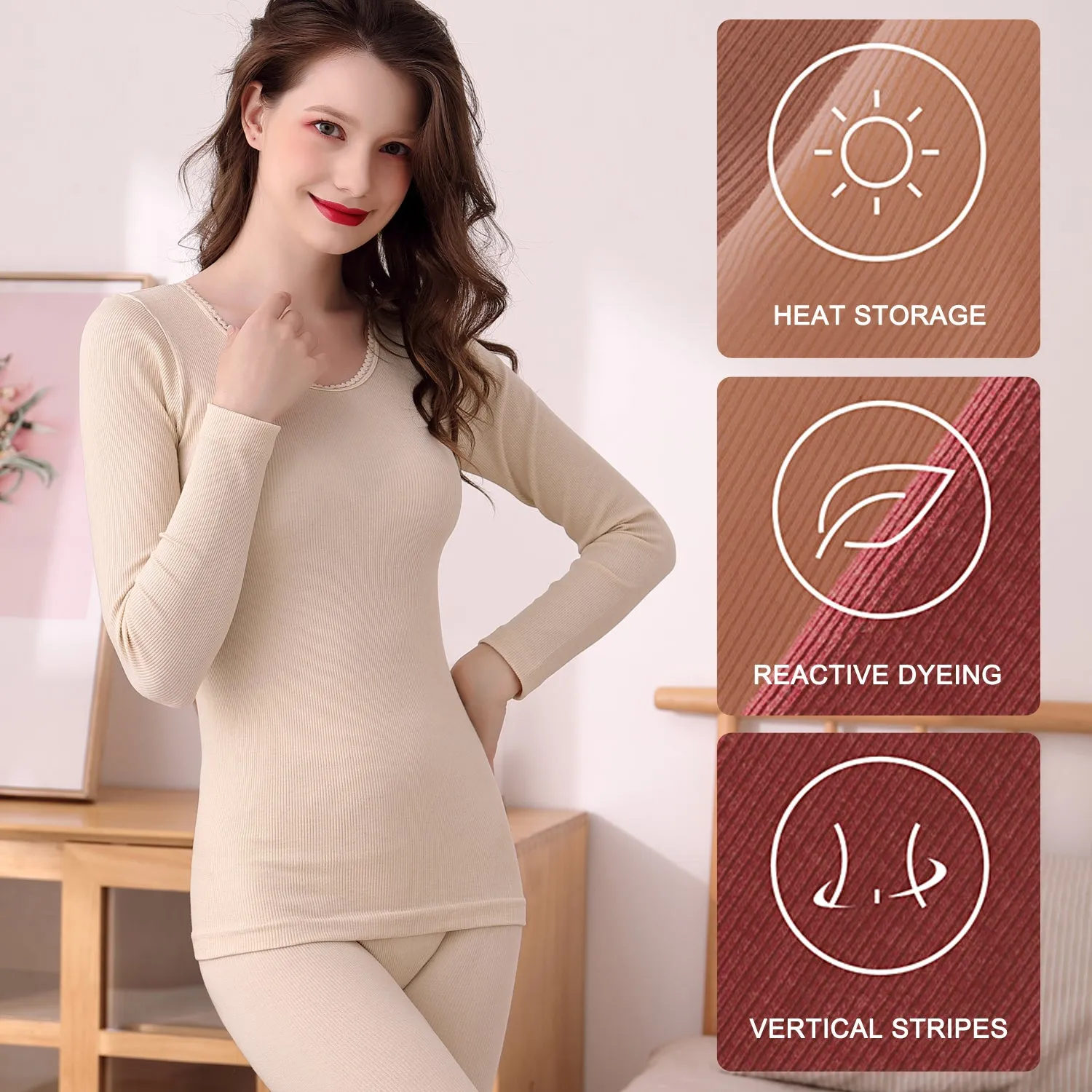 Thermal Underwear Set for Women Wool Antibacterial Warm Underwear Long Johns Suit Soft Comfortable Long Sleeve Base Layer Thermal Top and Bottoms