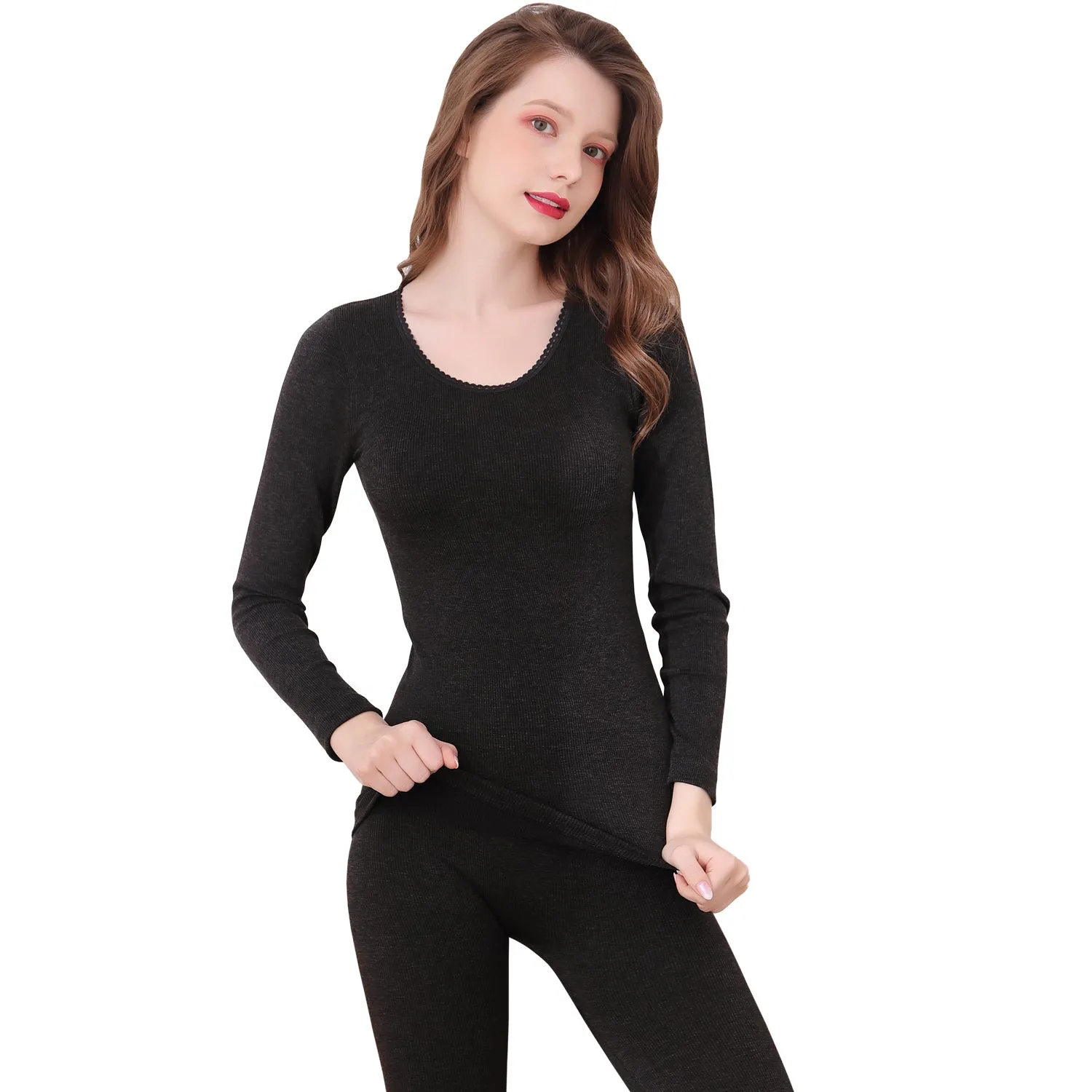 Thermal Underwear Set for Women Wool Antibacterial Warm Underwear Long Johns Suit Soft Comfortable Long Sleeve Base Layer Thermal Top and Bottoms