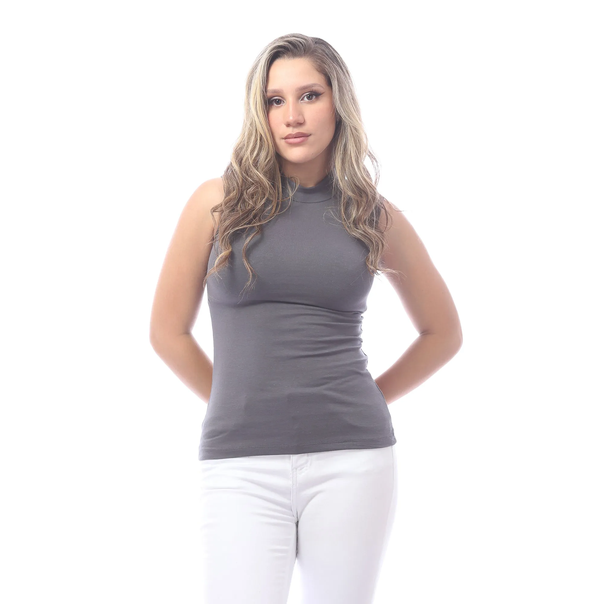 Women Basic Shirt, High Neck, Sleeveless - Grey