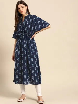 Women Indigo Printed Kaftan With Tie-Ups