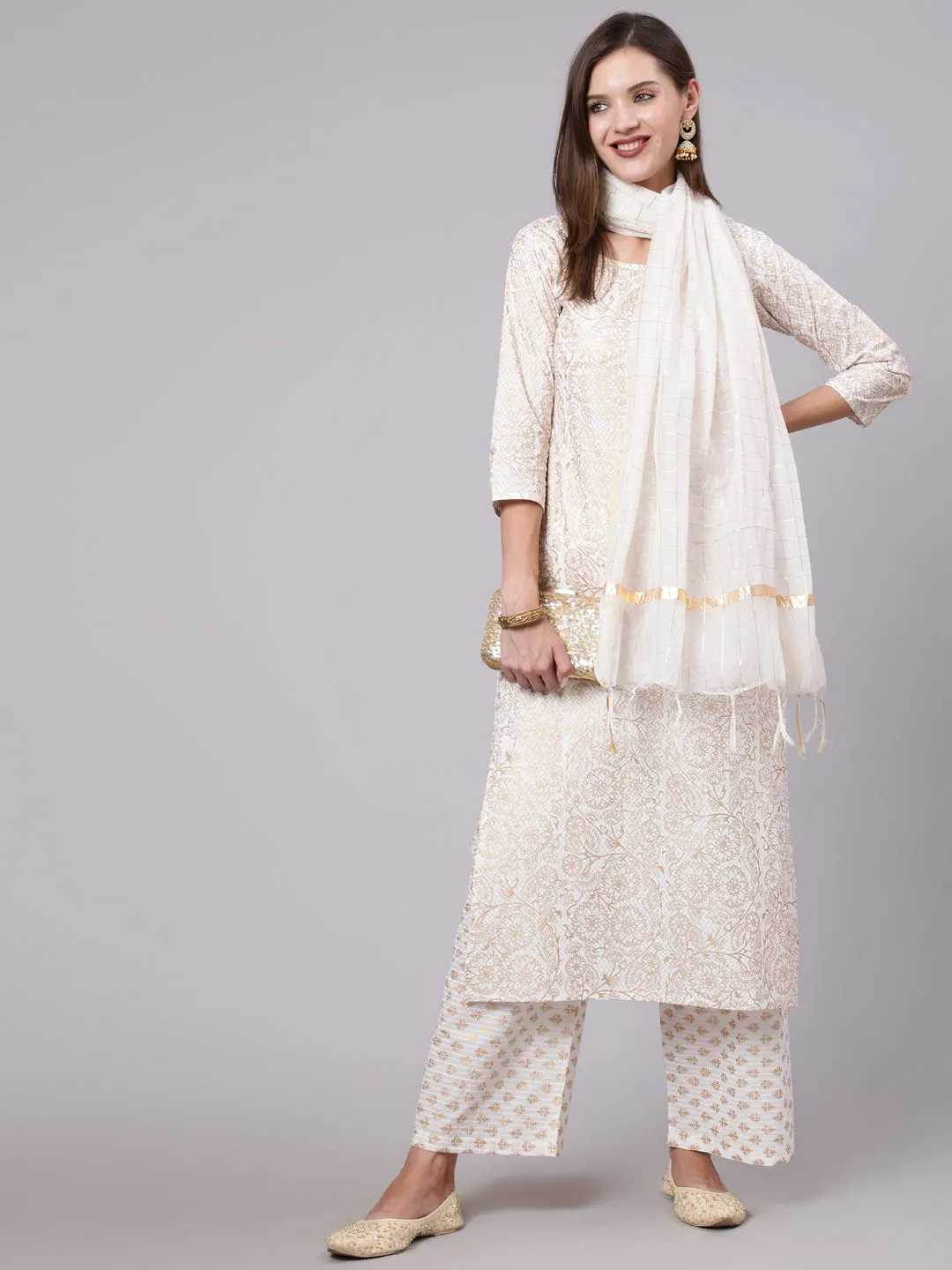 Women Off-White & Gold Printed Straight Kurta With Plazzo  & Dupatta