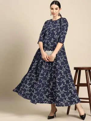 Women Teal Blue Printed Flared Dress With Three Quarter Sleeves