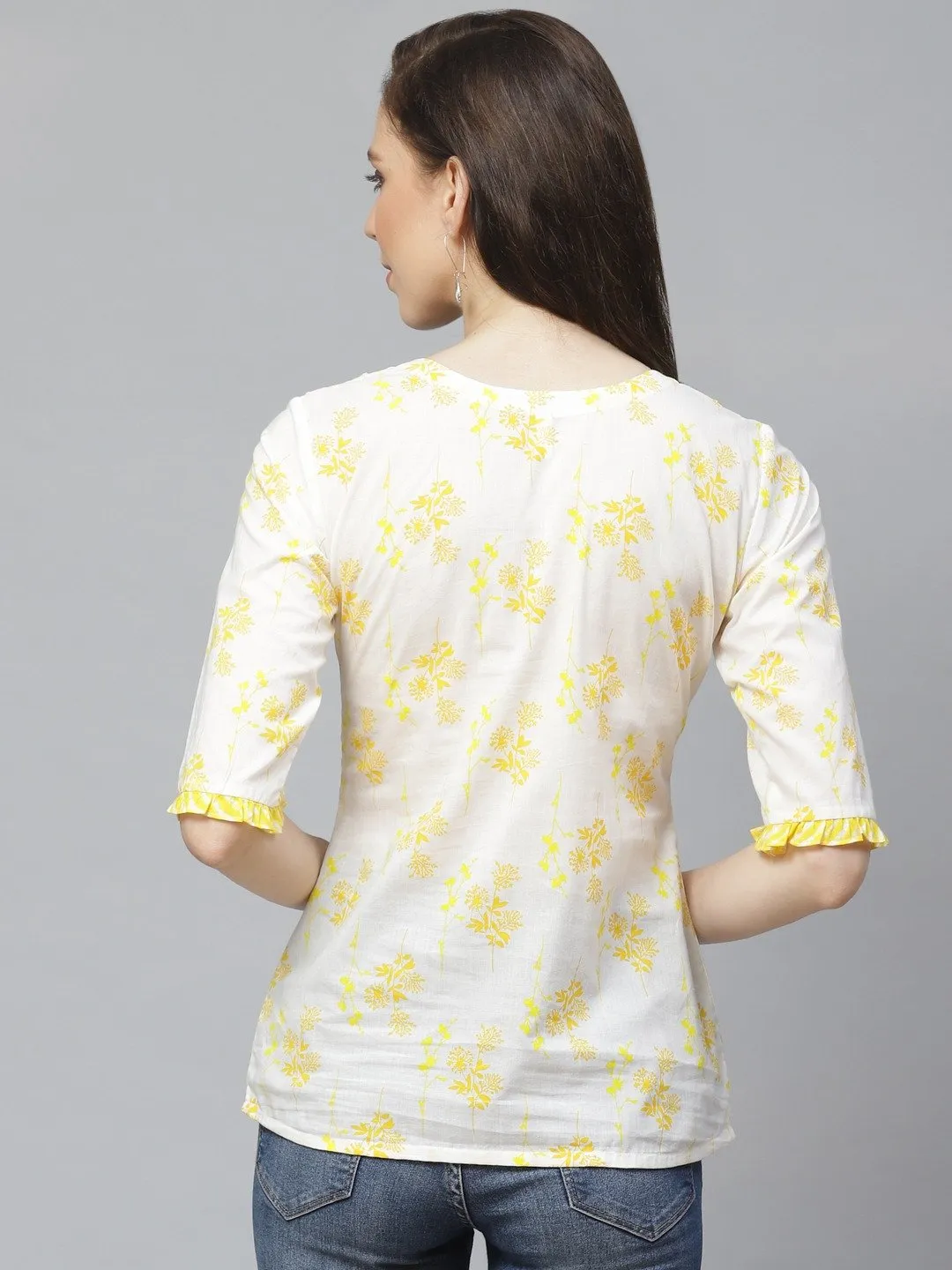 Women White & Yellow Regular Floral Printed Round Neck Top