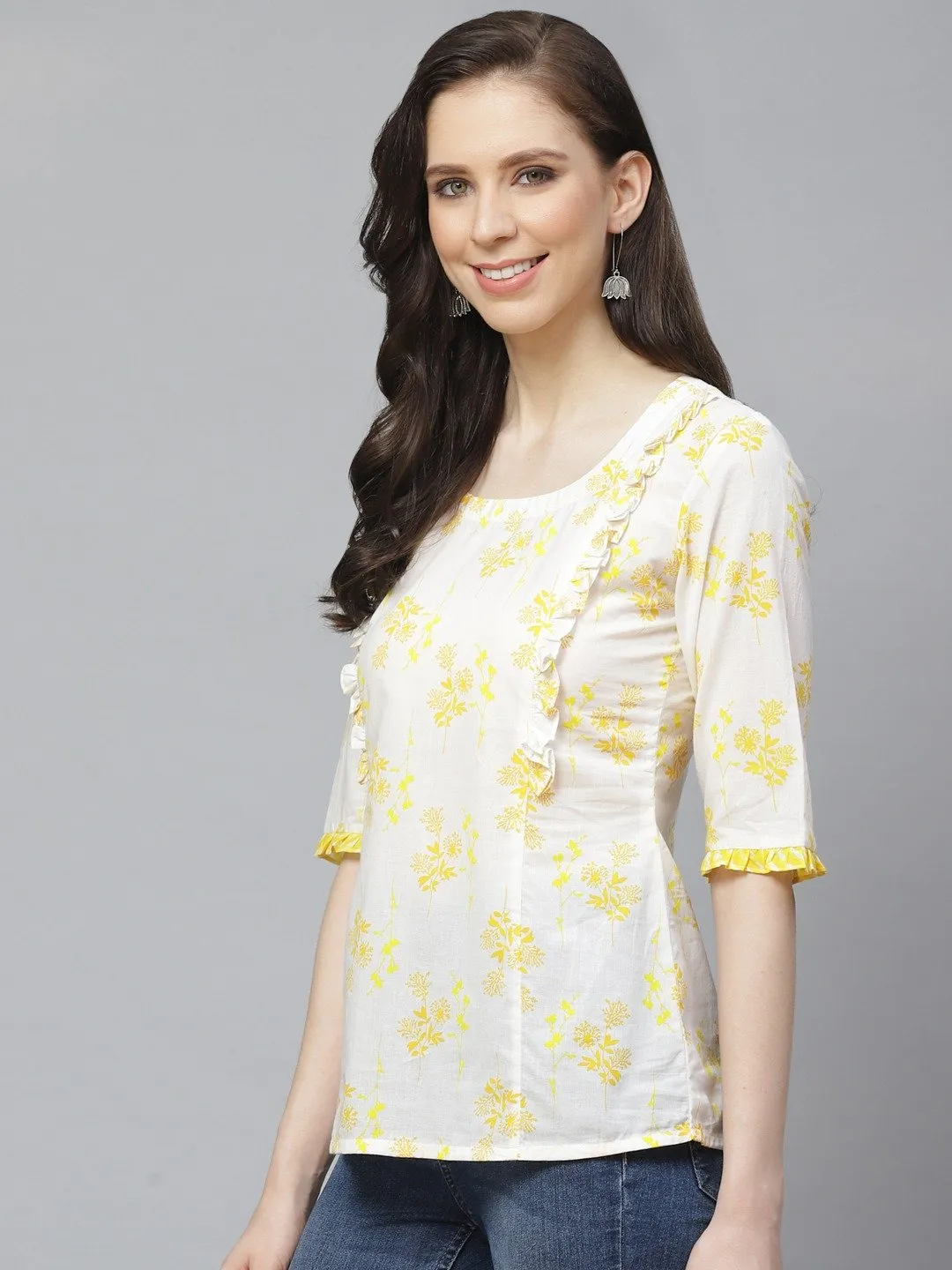 Women White & Yellow Regular Floral Printed Round Neck Top