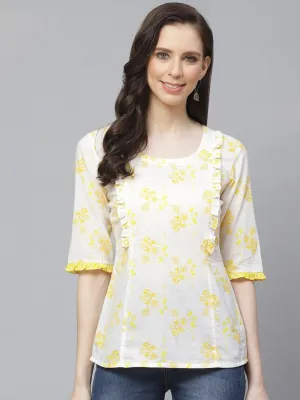 Women White & Yellow Regular Floral Printed Round Neck Top