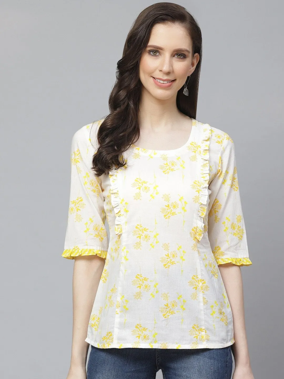 Women White & Yellow Regular Floral Printed Round Neck Top